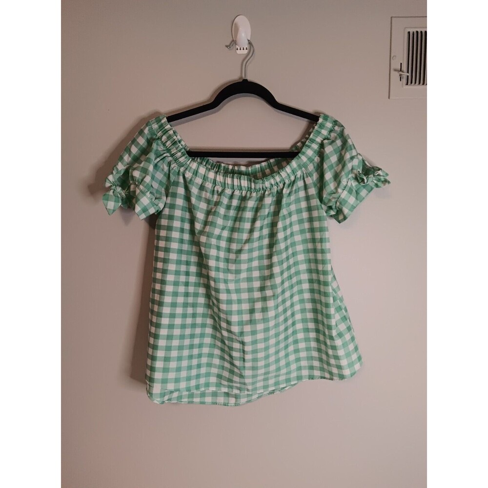 Moa Moa Checkered Print Off Shoulder Blouse Top Green Sz Large